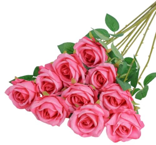 10 Pcs Artificial Roses, Rose Red Fake Roses Artificial Flowers, with Stems Fake Artificials Rose Red Rose Silk Flowers, for Home Garden Party Hotel Office Decor