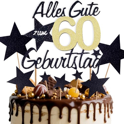 ePicsoa Tortendeko 60 Geburtstag, Kuchendeko 60 Jahre, Tortenaufsätze, 60th Birthday Cake Topper Geburtstag Torte Kuchen Topper Kuchendeko 60 Geburstagstorte Deko Gold Schwarz Frauen Männer, 7 Sternen