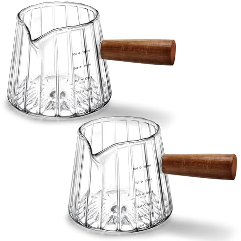 2 PCS Espresso Measuring Cup 6 Oz, Espresso Glass Cups with Wood Handle, Milk Frothing Cup, Espresso Cup for Coffee, Milk, Tea or Maple Syrup Serving