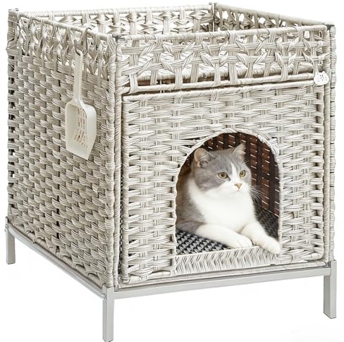 Homegroove Cat Litter Box Enclosure Furniture, Hidden Litter Box with Soft Mat and Fence, Comfortable Handwoven Rattan Cat House with S-Shaped Hooks for Living Room, Bedroom (Grey)