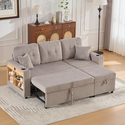 Merax Sofa Ecksofa mit Schlaffunktion, Praktisches Schlafsofa mit Stauraum, Ablagen & Getränkehalter, USB+Type C, LED-Beleuchtung, Ausziehbares Schlafcouch für Wohnzimmer/Schlafzimmer, Hellgrau