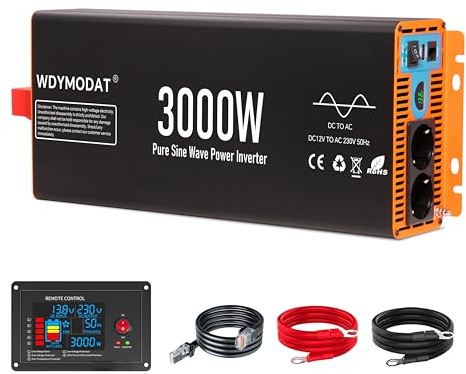 3000W Reiner Sinus Wechselrichter, WDYMODAT 12V auf 230V Sinuswellen Konverter, 6000W Spitzenleistung Spannungswandler Inverter mit Überlast Überspannungsschutz für Wohnmobil Camping Solaranlage