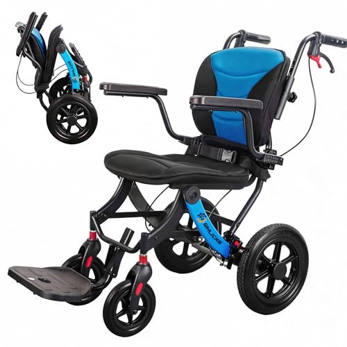 Rullstol, vikbar, lätt för vuxna och seniorer, bärbar resestol med avtagbar stoppning och 30 cm hjul, ergonomisk rullstol, justerbar höjd lämplig för alla terränger