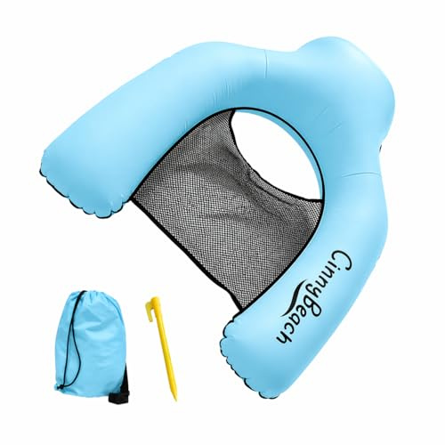 Cinnybeach,Materassino mare,Autogonfiabile, Poltrona piscina con Rete, amaca mare, Materassino Senza Pompa per Spiaggia e Piscina, con Borsa e Picchetto - Innovativo si Gonfia con il Vento (Azzurro)