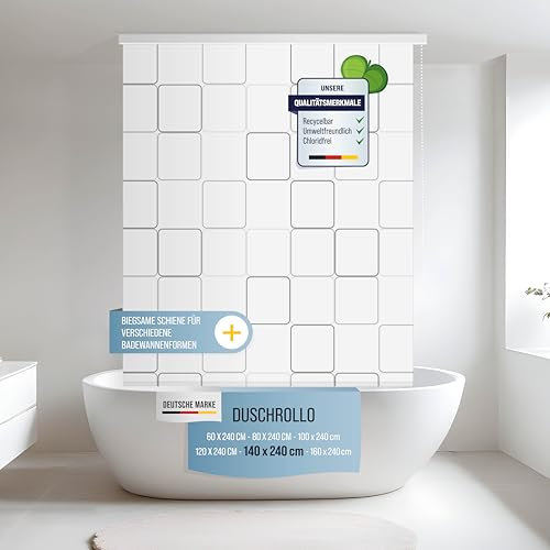 Rapid Teck® Halb-Kassetten Duschrollo 140cm | stilvolles Design Quadro Square | Duschvorhang mit Seilzug | Modernes Duschrollo für Badewanne | Duschrollo für Dusche und kleine Bäder