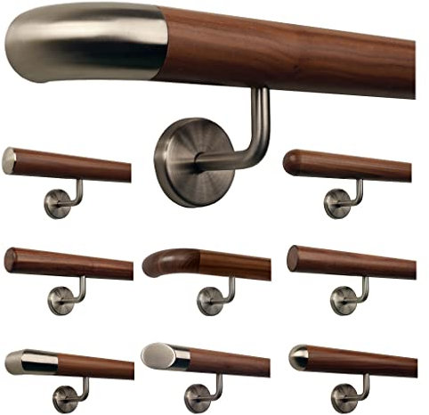 TIBU Ami Nussbaum Geländer Handlauf Treppe Holz Griff gewinkelt Edelstahlhalter, Länge 30-500 cm - Variante: 120 cm mit 2 Halter und Ende Edelstahlbogen