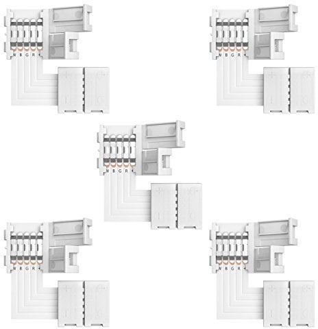 RGBW Connector Supernight 90 Degree LED Strip Connectors 5 Pin L Shape for 10mm Wide SMD 5050 2835 RGBW/RGBWW LED Strip Lights PCB LED Corner Connector Kit, 5pcs