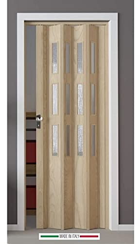 Porte à soufflet Luciana en PVC pour intérieur coulissant, bois cèdre, verre satiné, 88,5 x 214 cm