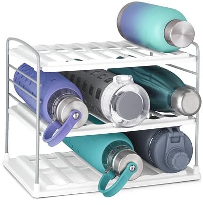 YouCopia UpSpace Adjustable Water Bottle Organiser for Kitchen Cupboard and Pantry Storage, Tumblers and Wine Bottle Holder, 3-Shelf, White