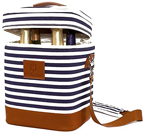 HAMILO - Bolsa de vino con 4 botellas, resistente al agua y a prueba de fugas, con cremallera expandible y hombros acolchados, bolsa enfriadora de champán con soporte para sacacorchos (rayas)