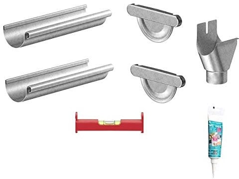 Dachrinnen Set NW 80 verzinkt, 2 Dachrinnen, 2 Endstücke, 1 Ablaufstutzen, Kleber, Schnurwasserwaage