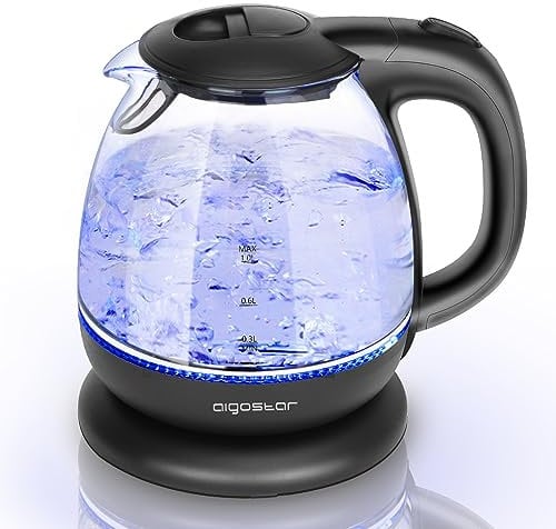 Aigostar Elfin 30IAX - Hervidor de agua eléctrico, vidrio de borosilicato, 2200W, iluminación LED, capacidad 1L, Rápida ebullición. Protección contra la ebullición en seco. Libre de BPA.