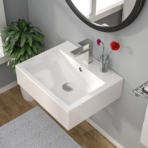 Kichae Wandmontiertes Waschbecken – 53,3 x 40,6 cm, rechteckig, wandmontiert, Waschbecken, weiß, wandhängend, Porzellan-Waschbecken mit Überlauf, Keramikbecken, schwimmendes Waschbecken