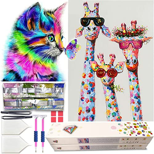 KEYRANKE Diamond Art for Kids 5d Diamond Painting Kits Crystal Craft Kits Boy Girl UK DIY Full Drill Picture, with Premium Upgrade Gift Box as Christ-mas Gift (Cat and Giraffe)