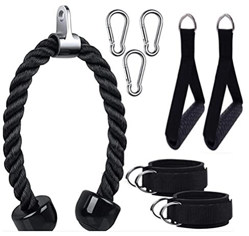 HUSHUI Fitness Pulley Cable System,Tricep Rope Cable Attachment with 2 Exercise Handles and 3 Carabiner Clips Tricep Pull Down Rope Cable Machine Attachments for Gym