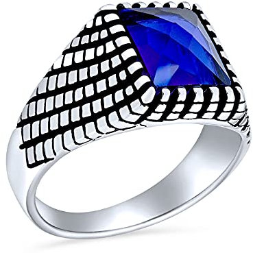 Personalisierte Retro Klassiker Elegante Kopfsteinpflaster Ziegelstein Akzent Rechteck Simulierter Königsblauer Saphir Siegelring Für Männer Oxidiertes .925 Sterling Silber Handgefertigt In Der Türkei