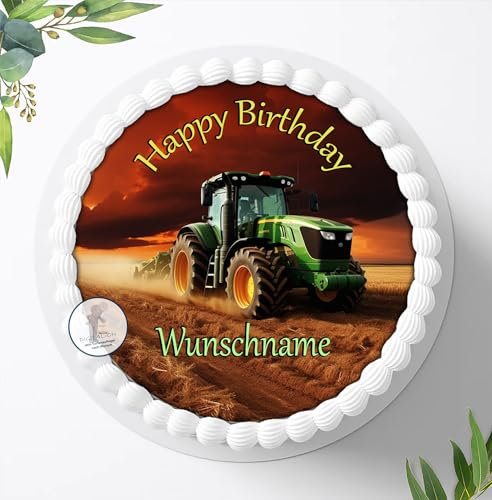 Für die Geburtstags Torte mit oder ohne Wunschnamen, Zuckerbild Traktor, Essbares Foto für Torten, Fondant, Tortenaufleger Ø 20cm, 0601c