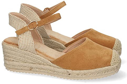 shoes&blues.es 63009-Sandalia de Cuna para Mujer, Forrado de Yute, Pala Cerrada, y Cierre de Hebilla, Primavera Verano 2022. Talla 39 Camel