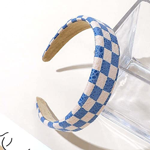 STARWAVE Lattice Pattern Hairband Black and White Sponge Faux Leather Plaid Women Head Hoop Checkerboard Hairbands Wide-Brim Hair Bands(Blue)