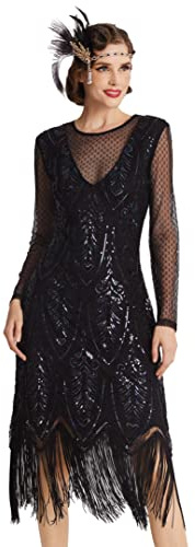 BABEYOND Damen Gatsby-Flapperkleid, 1920er-Jahre, lange Ärmel, Pailletten- und Perlenkleid für Partys, Schwarz