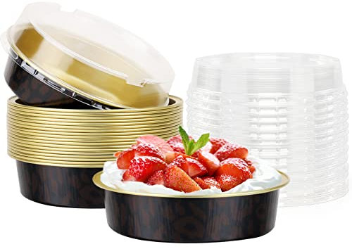 Beasea Lot de 20 mini poêles rondes de 10,2 cm avec couvercles, 227,8 g en aluminium jetables pour cupcakes, desserts, muffins, ramequins et quiches, plats au four