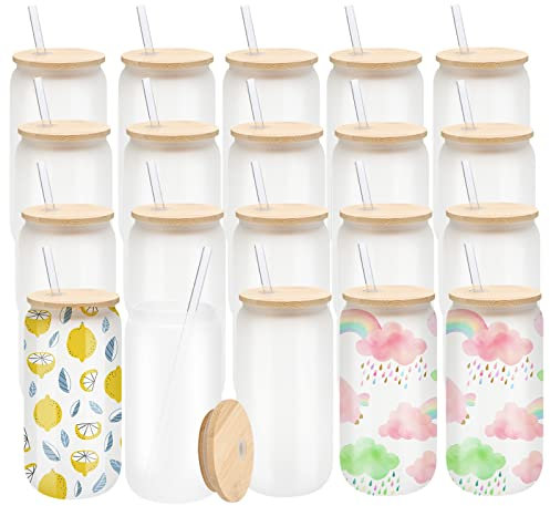WHEATHUSK 20 Pack Sublimation Glass Cups Frosted 16oz Blanks Sublimation Borosilicate Glasses Tumbler with Bamboo Lids and Straws for Beer, Juice, Soda, Iced Coffee, Drinks