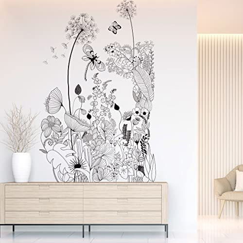 Runtoo Calcomanías de pared con diseño de flores negras, diseño de diente de león, mariposa, decoración del hogar, sala de estar, dormitorio, decoración del hogar