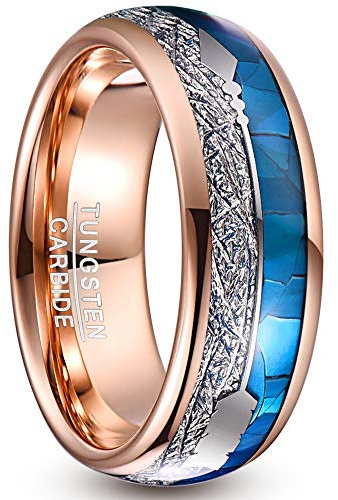 NUNCAD Wolfram Ring Herren 8mm Eheringe Rosegold mit Silber Imitierter Meteorit, Blaue Muschel und Pfeil Kuppelring Männer für Verlobung, Versprechen, Jahrestag Größe 63.4(20.2)