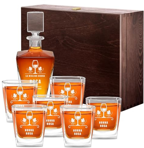 Maverton set caraffa + 6 bicchieri per whisky, Decanter in vetro da 800 ml | Incisione personalizzata, Set per il whisky in cristallo, Per compleanno, Per la tua Lei, Calice