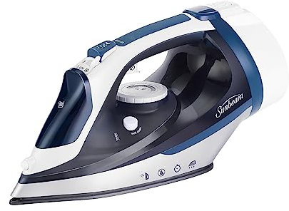 Sunbeam 1700W Steam Iron, 8' Retractable Cord, Variable Temperature Select, Non-Stick Soleplate, Dual Spray Mist, Horizontal or Vertical Shot of Steam Feature, 3-Way Auto-Off, Blue and White