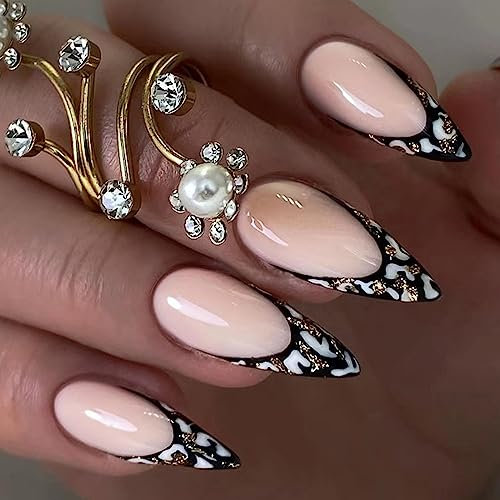 Ceboic Amande Faux Ongles Moyen, 24 Pièces Français Nude Rose Ongles à Coller Ballerine Glossy Imprimé Léopard Press on Nails, Acrylique Stiletto Ongles à Presser Autocollants pour Femmes
