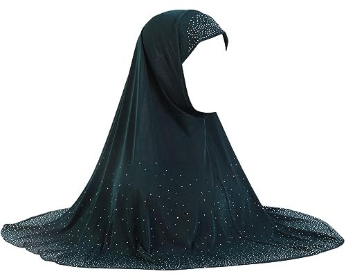 Frauen Einteiler Muslim Hijab Spitze Applique Kopf Wrap Schal Schal mit Strass, Z Dunkelgrüne Strasssteine, Einheitsgröße
