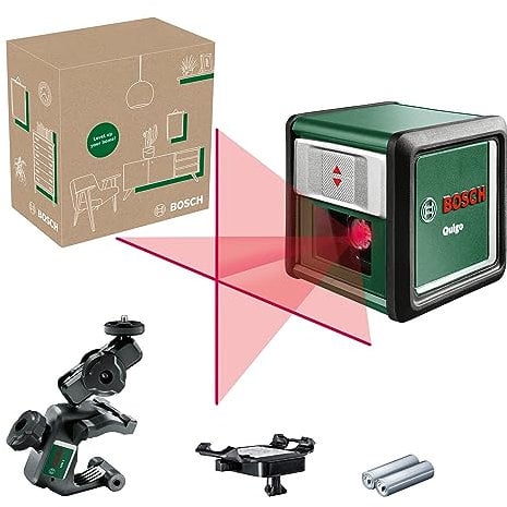 Bosch Kreuzlinienlaser Quigo mit Universalklemme MM 2 (einfaches und präzises Ausrichten mit flexibler Positionierung des Tools dank Klemme, im E-Commerce Karton)