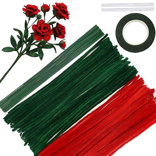 TOAOB 200 Stück Rot Grün Pfeifenputzer Bunt Set mit Blumendraht und Blumenband Chenille Stems Pipecleaners für Rosensträuße Bastelprojekte und Dekorationen