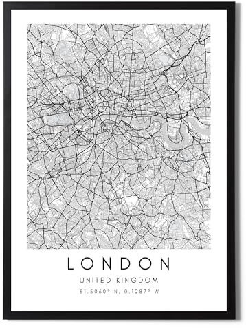 State Media Vision London World City Map Poster, individuelles Set, minimalistischer Druck für Schlafzimmer oder Wohnzimmer, Schwarz-Weiß, London-Wandkunst (London, A4-Druck)