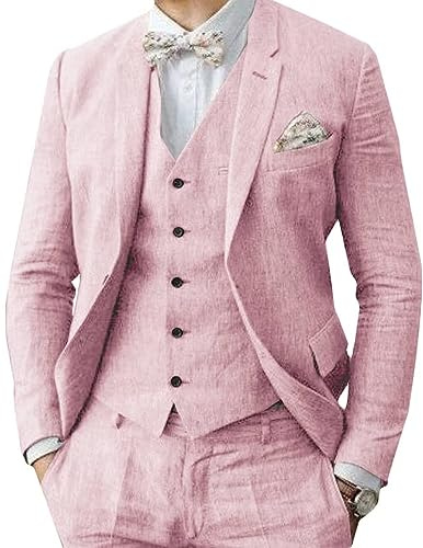 Costume 3 pièces en lin pour homme d'affaires formel blazer pantalon costume revers cranté mariage garçon d'honneur fête, rose, 44