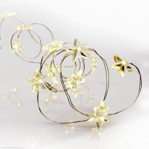 hellum Lichterkette 40 LED mit Sternen, Deko warmweiß, 195 cm Lichtlänge, 30 cm Zuleitung, mit Timer, Sterne Motiv Weihnachten, Batterie 3xAA (nicht inkl.), 525052