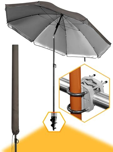 Menz 3-IN-1 SET Sonnenschirm Balkon in Taupe + Sonnenschirmhalter Balkongeländer + Sonnenschirmhülle - Sonnenschutz Bakon Set mit UV 50+ Sonnenschirm 180 cm