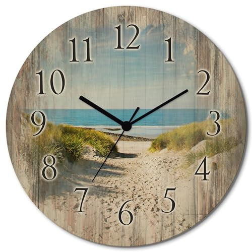 ARTLAND Wanddeko Wanduhr ohne Tickgeräusche aus Holz Quarzuhr lautlos rund Ø 30 cm Strand mit Sanddünen und Weg zur See T9EX Landschaften Strandbilder
