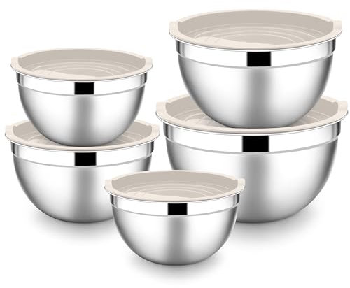 HaWare Rührschüssel 5er Set, Edelstahl Salatschüssel, Schüssel mit Luftdichtem Deckel - 4.5L/ 2.7L/ 1.5L/ 1.2L/ 0.7L, Ideal zum Kochen/Backen/Aufbewahrung, Stapelbar & Spülmaschinenfest - Khaki