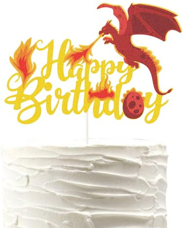 PHOHUI HAVE A NICE TIME Dragon Happy Birthday Cake Topper,Red Glitter Wild Dragon Cake Pick,Wild Dragon Cake Decoration for Dragon Theme Birthday Party Cake Decoration.