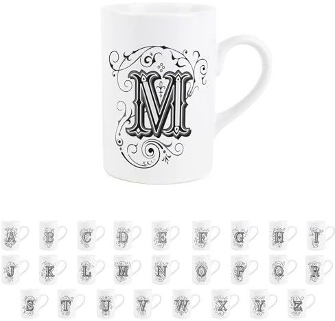 Gothic Letter M Mug - Black & White Swirly Personalised Initial/Alphabet Gift - Tea Coffee Hot Drinks Ceramic Mug Present