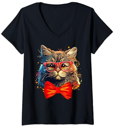 Damen Hipster-Katze mit Brille auf Hipster Cute Kitty in Brille T-Shirt mit V-Ausschnitt