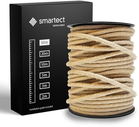 smartect Cavo Elettrico Tessile Juta, 50 Metri Filo Elettrico Vintage, Tripolare (3 x 0.75mm²) Cavo Elettrico Rivestito in Tessuto per Fai da Te