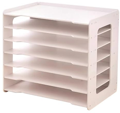 Paper Organizer 17.5x11.8x15.6'' with 7 Shelves Paper Shelf Organizer Wood-PVC Board Heavy-Duty White Desk OrganizerRounded Corner Paper Tray for A3 A4 Paper Books File Office,Paper Shelf Organizer