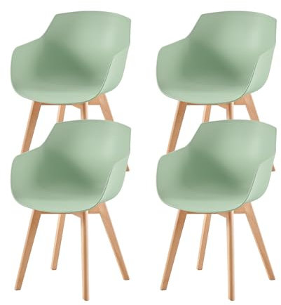 EGGREE Esszimmerstühle 4er-Set mit Beinen aus massivem Buchenholz, Retro-Design, Küchenstühle aus Holz, Wohnzimmerstuhl mit Armlehnen - Eiscreme Grün