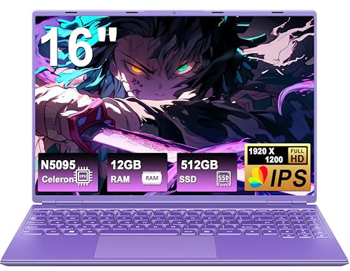 NOTODD Ordinateur Portable 16 Pouces, 4 cœurs Celeron N5095 (jusqu'à 2,9 GHz) 12+512GB SSD Soutien Extension 1TB,PC Portable Gamer Win11 avec 5G WiFi 1920x1200 BT4.2 AZERTY Clavier Couverture-Violet
