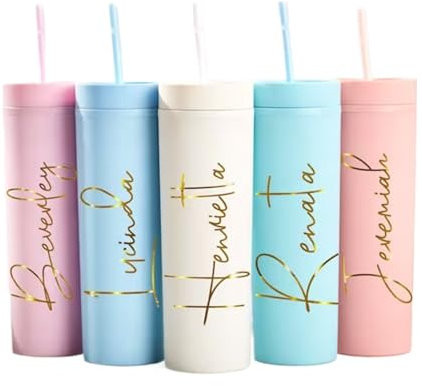 Bykiyevm Bicchiere sottile personalizzato con coperchio e cannuccia, bicchieri di plastica per matrimonio, damigella d'onore, addio al nubilato, bomboniere, regalo personalizzato con nome (2 pezzi)