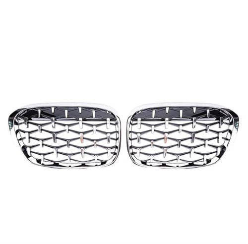 MRNQCB Frontstoßstangen-Kühlergrill Auto-Front-Nierengrill Renngrill Diamant-Meteor-Stil-Grill Für B&MW X1 F48 F49 2016 2017 2018 2019(Full Silver)