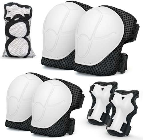 Kids Knee And Elbow Pads ,6pcs Wrist Guard Knee And Elbow Pads for Children, Kids Sports Protective Gear Set With Mesh Bag for Skateboard, Roller Skating, Biking, And Outdoor Multi-Sports (White)